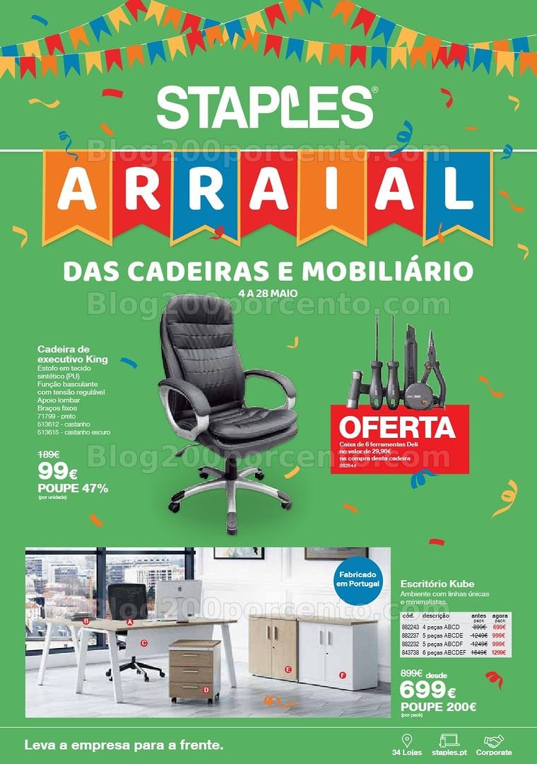 Antevisão Folheto STAPLES Arraial das Cadeiras e Mobiliário Promoções de 4 a 28 maio