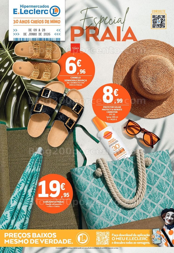 Antevisão Folheto E-LECLERC Especial Praia Promoções de 9 a 28 junho