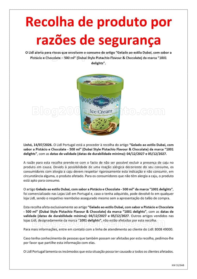 ALERTA - Recolha de Produto LIDL Gelado Pistácio e Chocolate Estilo Dubai - Presença de Caju!