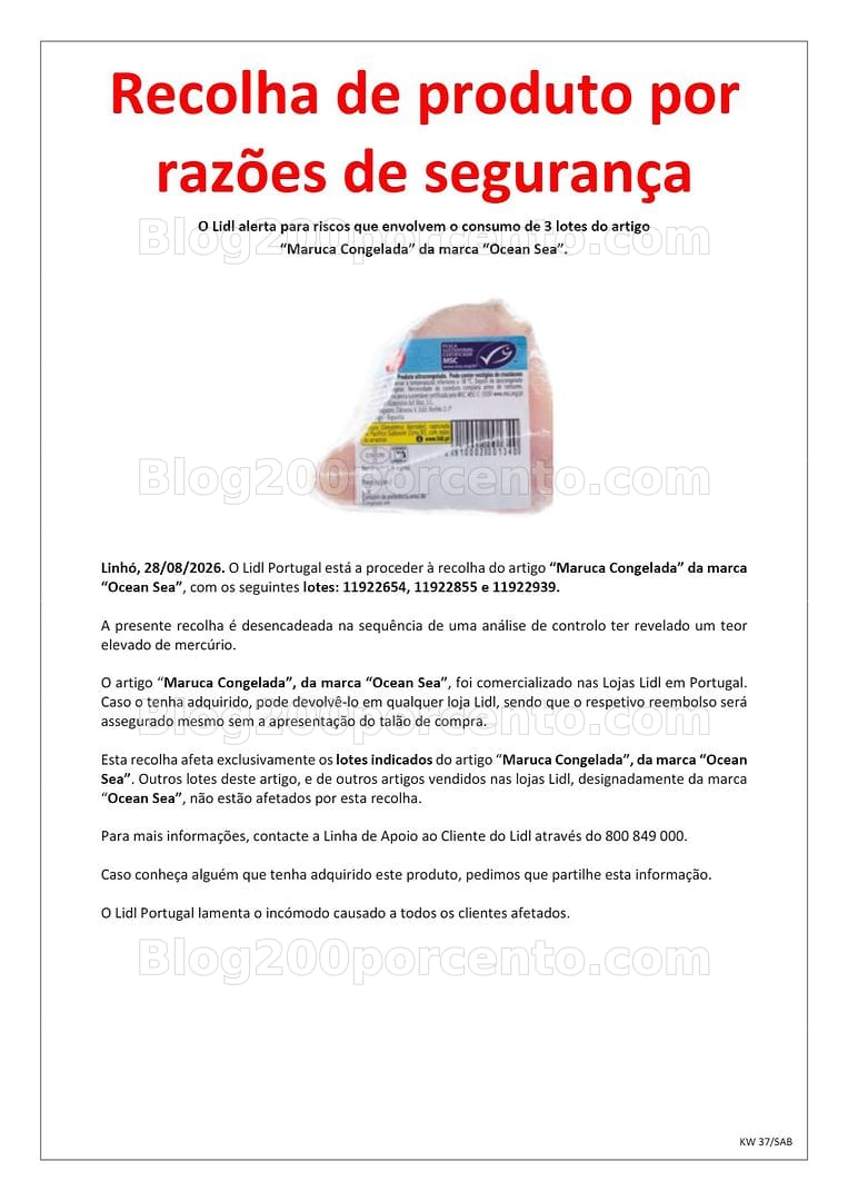 ALERTA - Recolha urgente de Produto LIDL por presença de Mercúrio - Maruca Congelada Ocean Sea