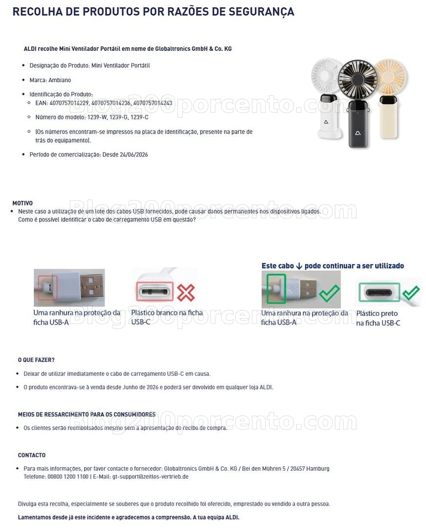 ALERTA - Recolha de Produtos ALDI Mini Ventilador Usb - Cabo defeituoso!