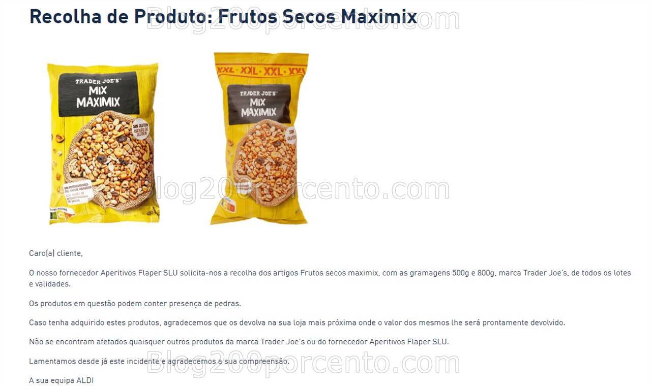 ALERTA - Recolha de Produto ALDI por presença de pedras!