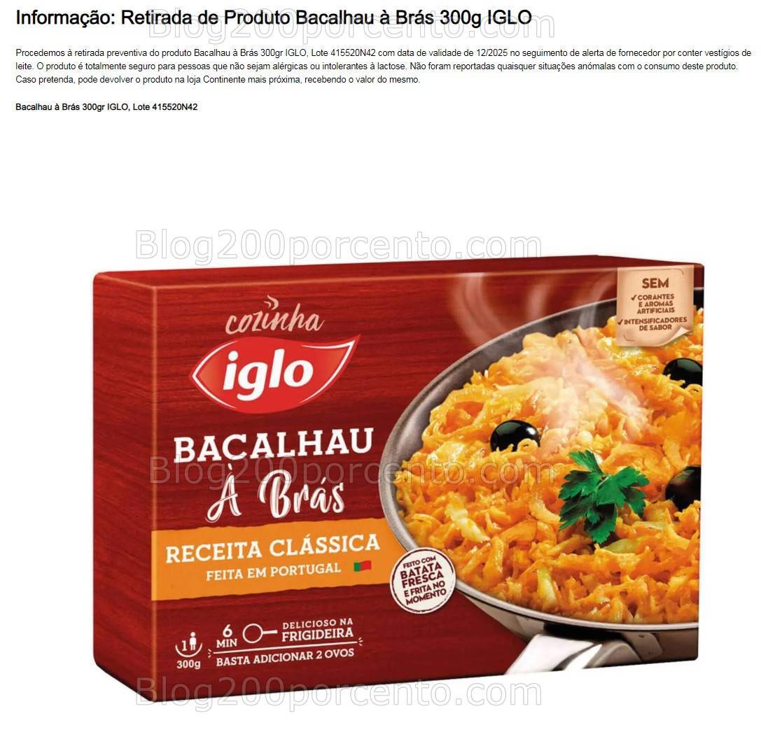 ALERTA - Retirada de Produto IGLO Bacalhau à Brás!