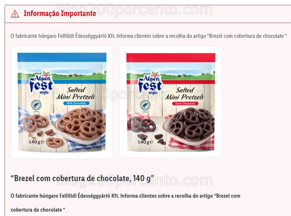 ALERTA - Recolha Produto Alimentar LIDL - Brezel com cobertura de chocolate
