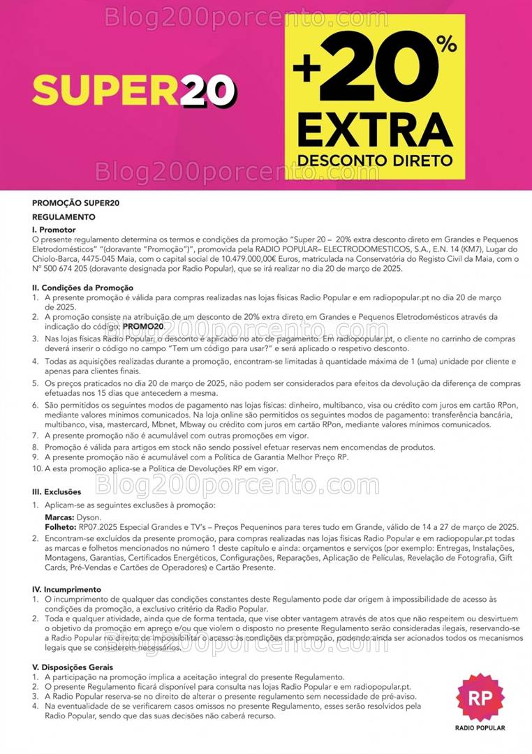 ALERTA - 20% de desconto Extra RADIO POPULAR só quinta-feira 20 março!