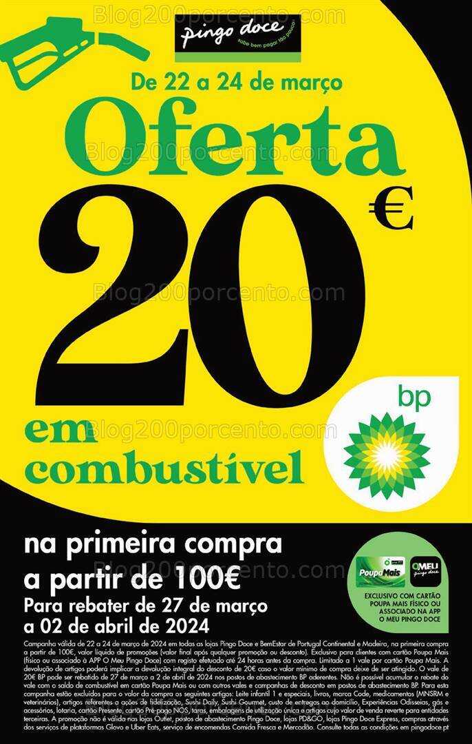 ALERTA - PINGO DOCE - BP ganhe 20€ em combustíveis de 22 a 24 março!