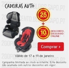 25% + 10% ( Exclusivo Online ) de desconto | CONTINENTE | Cadeiras Auto, de 17 a 19 janeiro