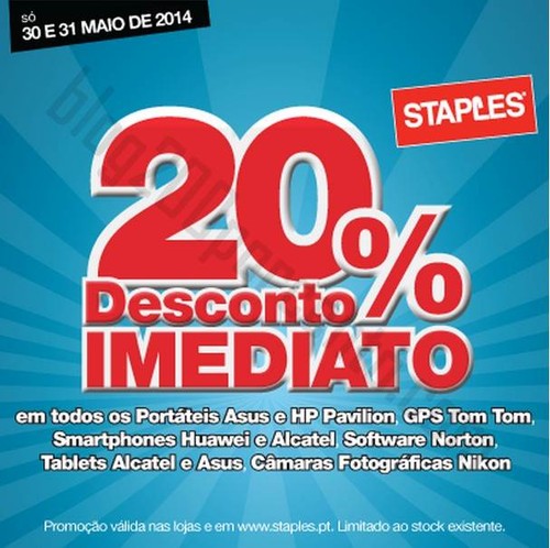 20% de desconto STAPLES dias 30 e 31 maio