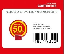 Muito obrigada pela ajuda... Se entretanto fizer mais alguma encomenda, ainda hoje, aproveite para comprar barras de cereais de chocolate do continente, que estão com 75% de desconto em cartão e, se bem me parece, deve ter um cupão de desconto de 50% em barras de cereais do continente, o que perfaz 125% de desconto 