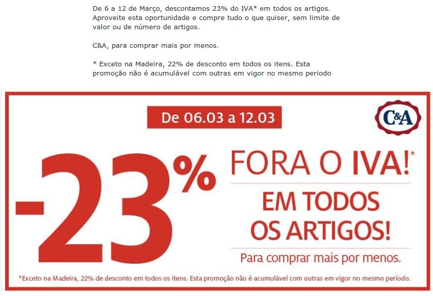 Fora o IVA | C&A | desconto do IVA de 6 a 12 março