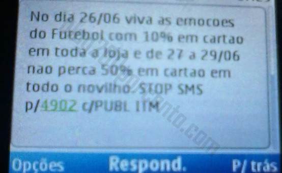 SMS Recebido INTERMARCHÉ 50% Novilho e 10% em toda a loja
