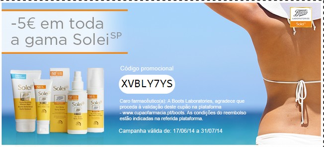 Vale de desconto de 5€ em solares BOOTS