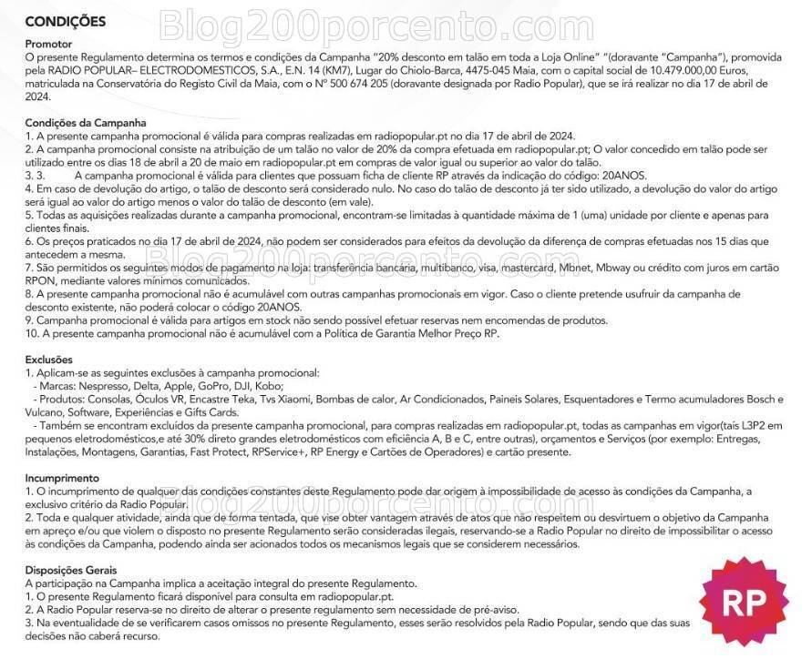 ALERTA - Aniversário RADIO POPULAR 20% de desconto em toda a loja Online!